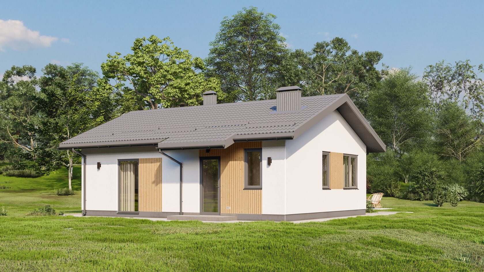 Проект одноэтажного дома с террасой Valencia-67 м² из газоблока — Домострой