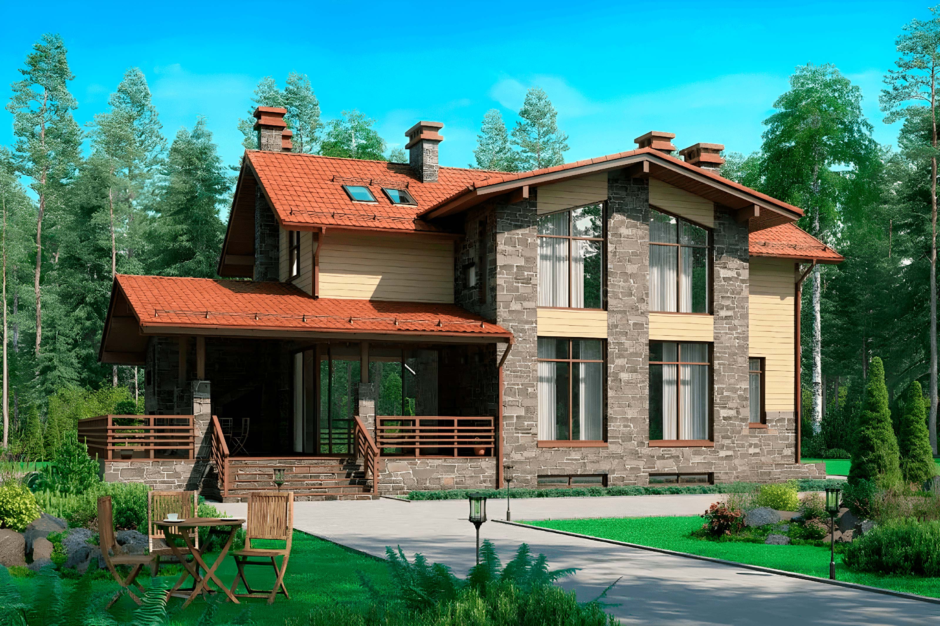 Двухэтажный дом с цоколем и террасой «Дудвиль»