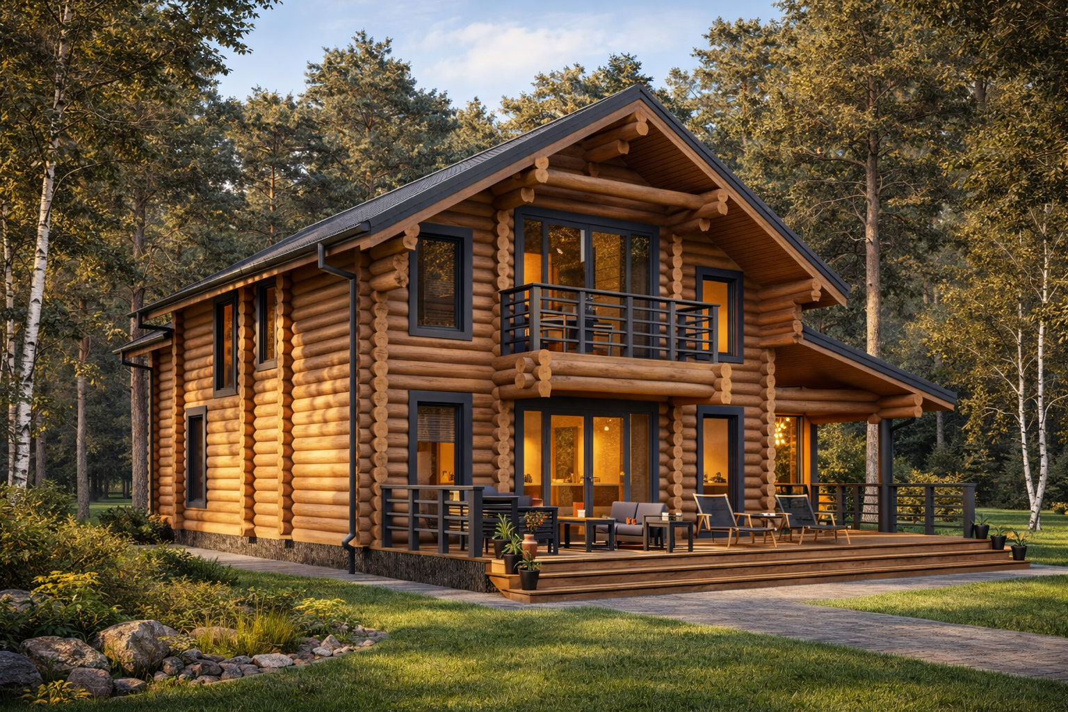 Двухэтажный дом из оцилиндрованного бревна «Нахабино» | ЭкоТех