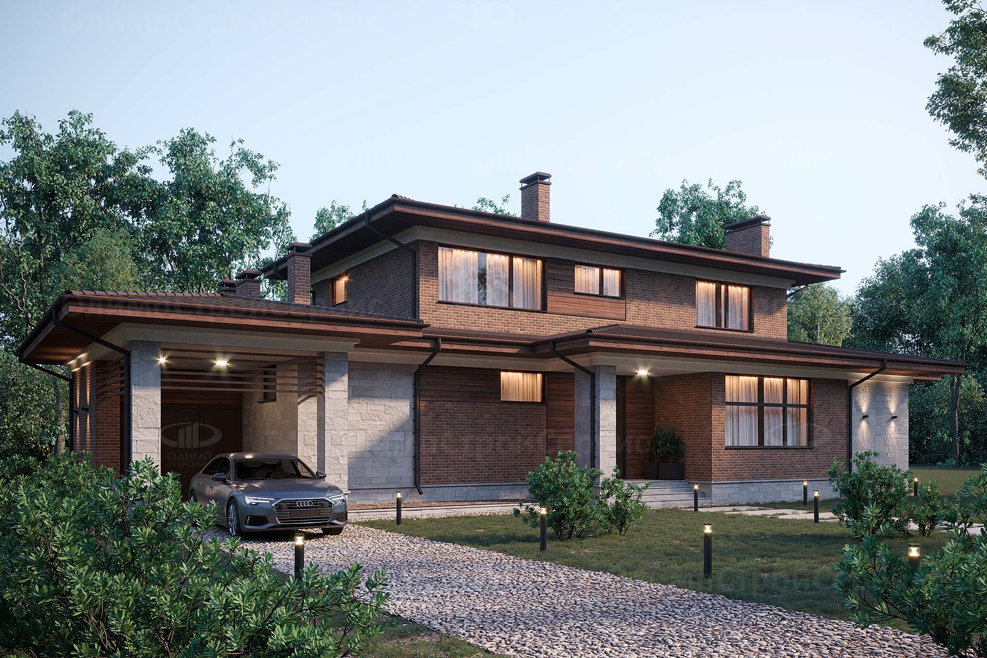 Дом в стиле Райта «Хиленд» с комбинированным фасадом